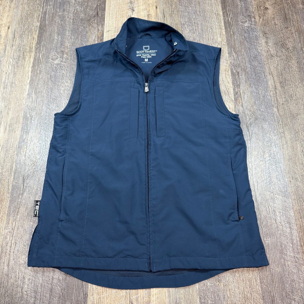 SCOTTEVEST RFID Travel Vest Men Size M Navy Blue TEC Technology Pockets Utility